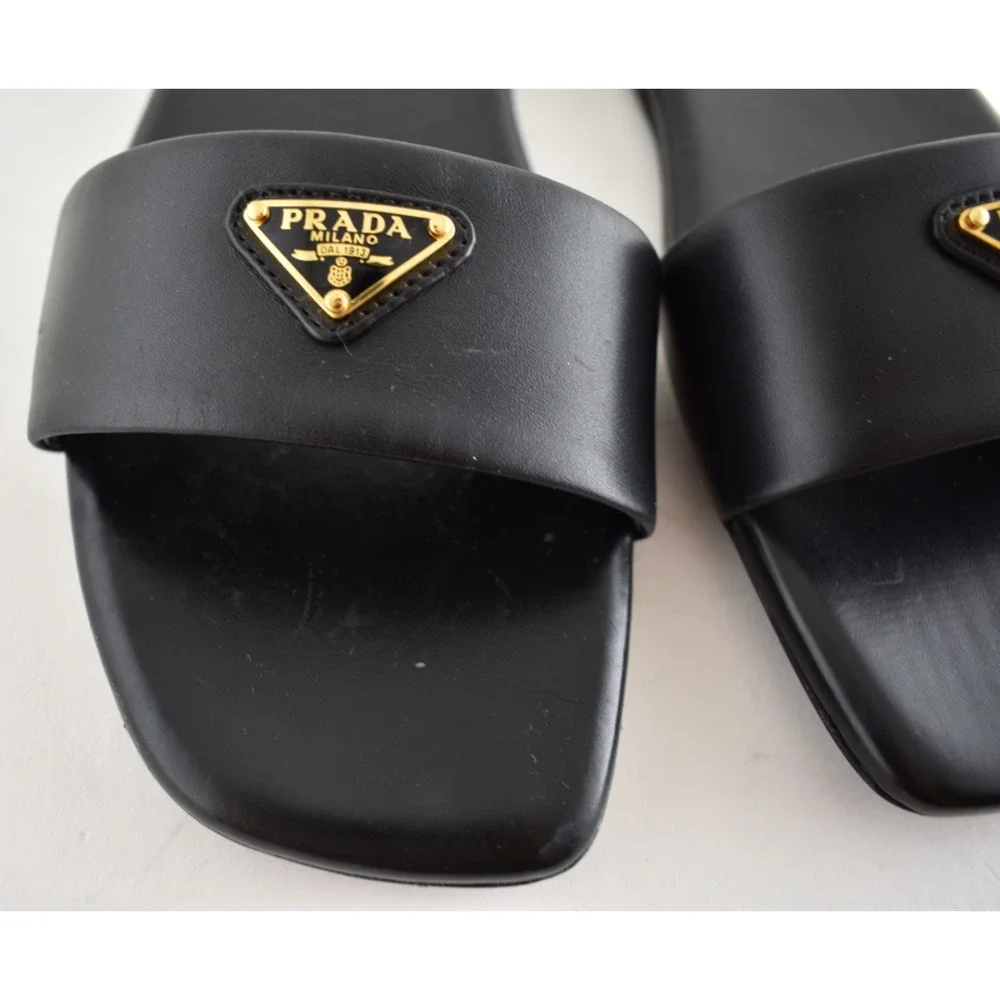 Prada Ciabatte Black Leather Gold Triangle Logo Slide Mule Flat Sandal 36
